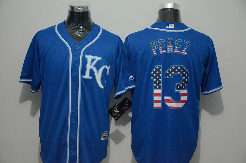 Royals 13 Salvador Perez Blue US Flag New Cool Base Jersey