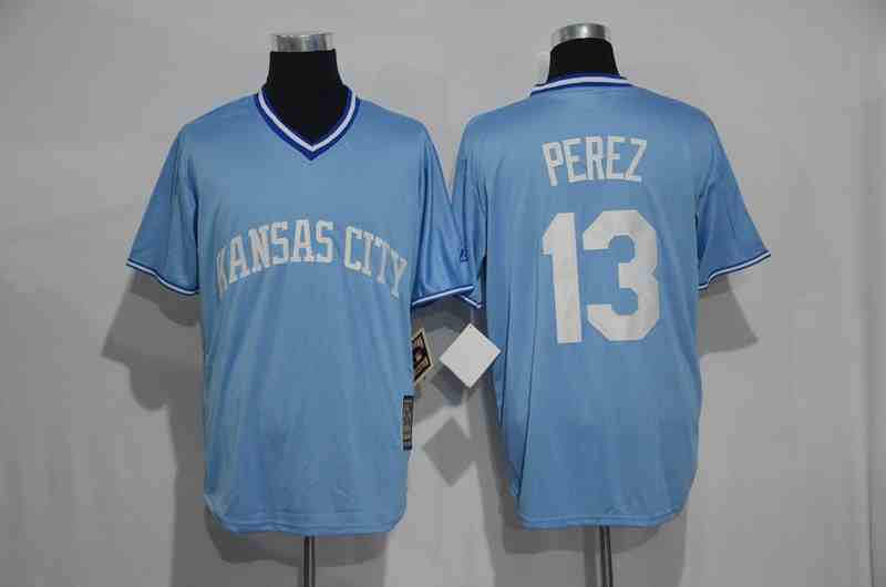 Royals 13 Salvador Perez Light Blue Throwback Jersey