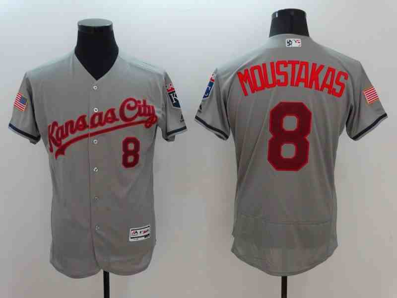 Royals 8 Mike Moustakas Grey Fashion Stars & Stripes Flexbase Jersey
