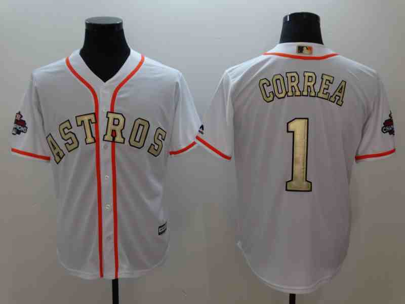 Men Houston Astros 1 Correa White Gold version Game MLB Jerseys