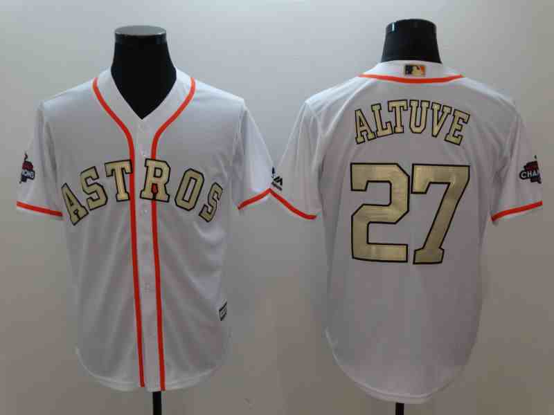 Men Houston Astros 27 Altuve White Gold version Game MLB Jerseys