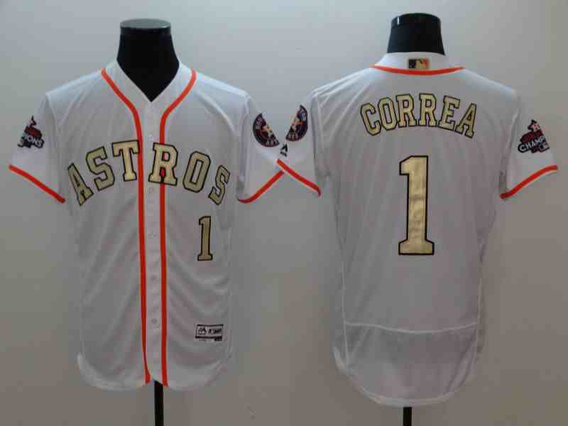 Men Houston Astros 1 Correa White Gold version Elite MLB Jerseys