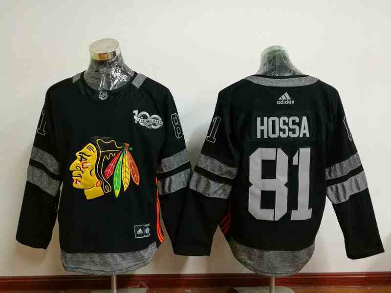 Blackhawks 81 Marian Hossa Black 1917-2017 100th Anniversary Jersey