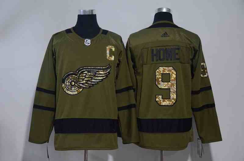 Red Wings 9 Gordie Howe Olive Green Adidas Jersey