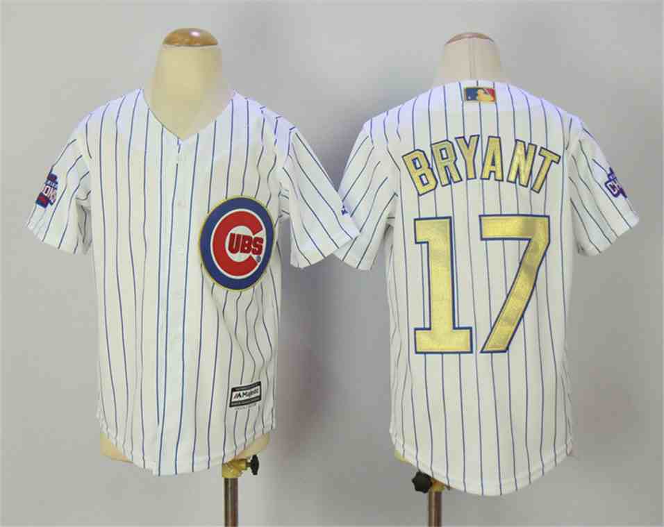 Cubs 17 Kris Bryant White World Series Champions Youth Gold Program Flexbase Jersey