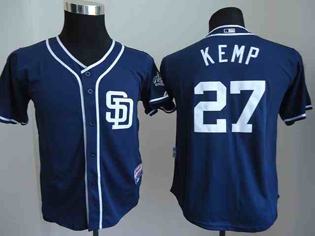 Padres 27 Matt Kemp Navy Youth Cool Base Jersey