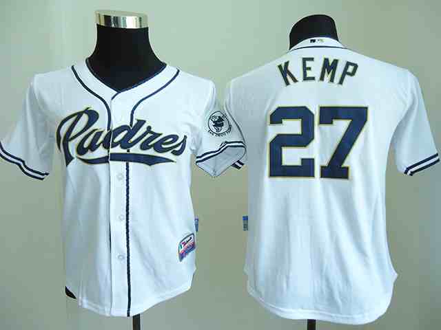 Padres 27 Matt Kemp White Youth Cool Base Jersey