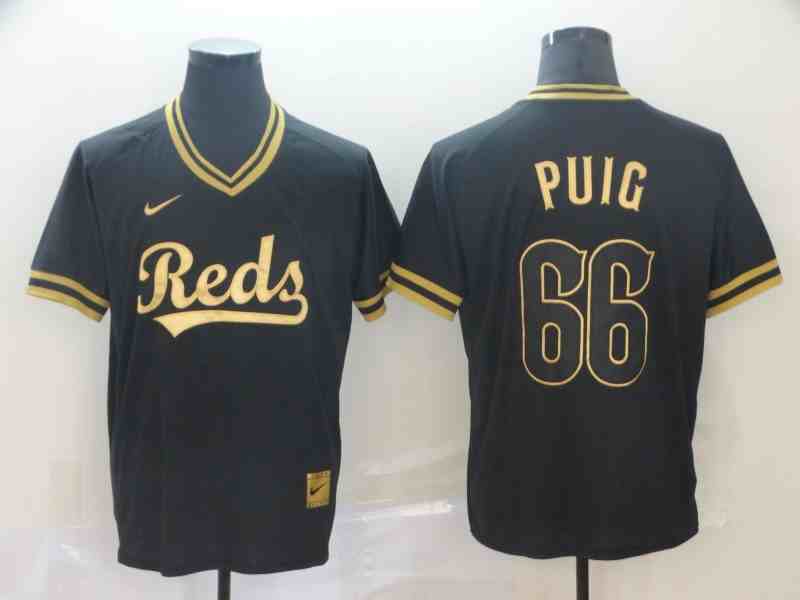 Reds 66 Yasiel Puig Black Gold Nike Cooperstown Collection Legend V Neck Jersey
