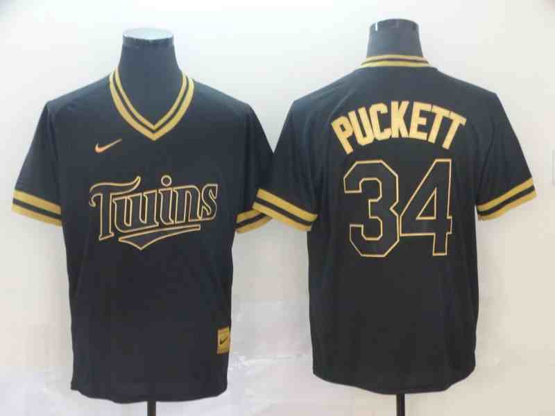 Twins 34 Kirby Puckett Black Gold Nike Cooperstown Collection Legend V Neck Jersey