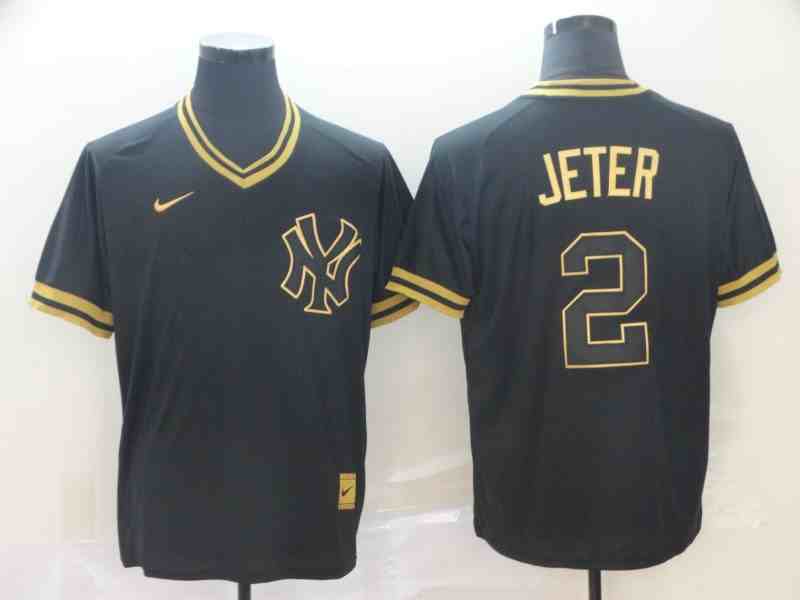 Yankees 2 Derek Jeter Black Gold Nike Cooperstown Collection Legend V Neck Jersey