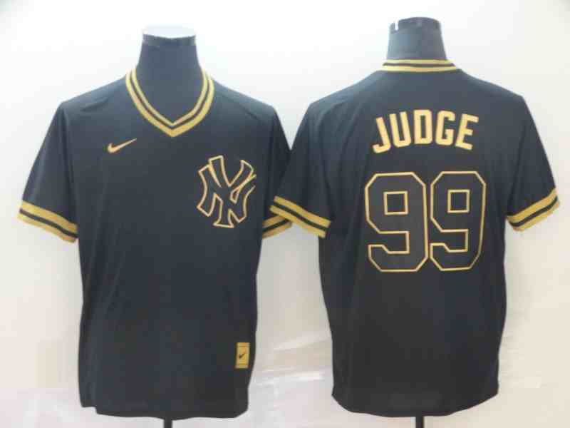 Yankees 99 Aaron Judge Black Gold Nike Cooperstown Collection Legend V Neck Jersey