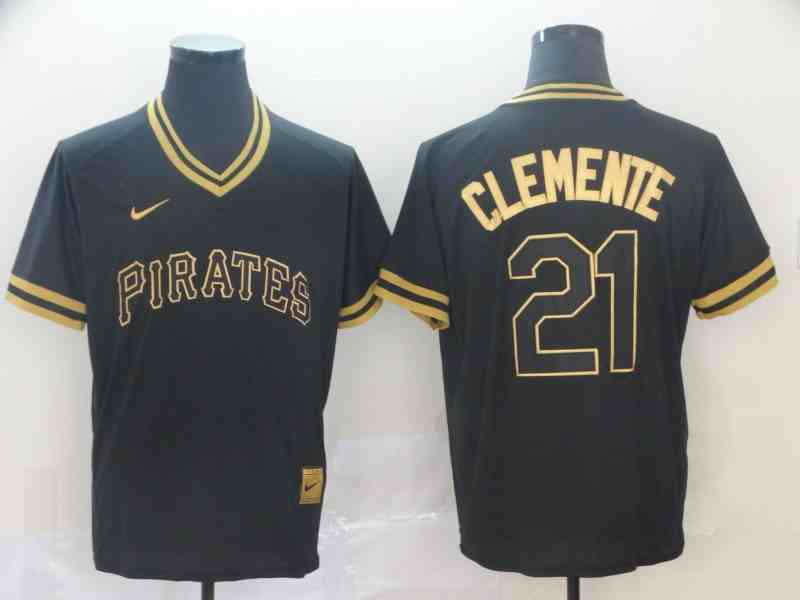 Pirates 21 Roberto Clemente Black Gold Nike Cooperstown Collection Legend V Neck Jersey