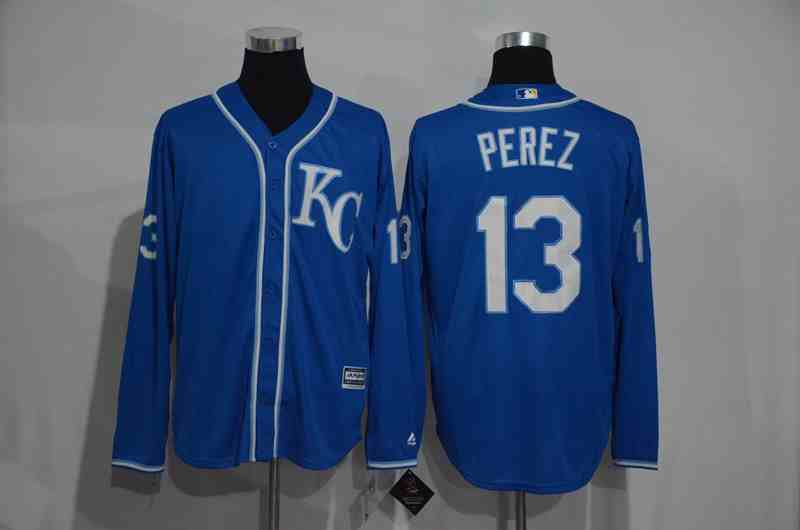 Royals 13 Salvador Perez Blue Long Sleeve Cool Base Jersey