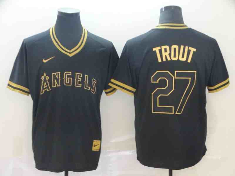 Angels 27 Mike Trout Black Gold Nike Cooperstown Collection Legend V Neck Jersey