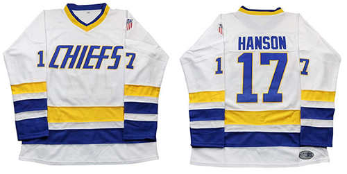 Hanson Brothers 17 Steve Hanson White Blue Stitched Movie Jersey