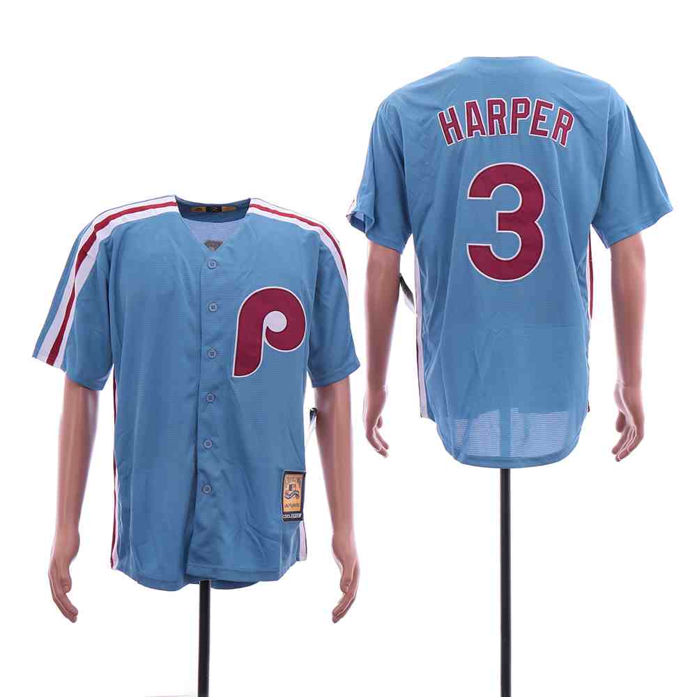 Phillies 3 Bryce Harper Light Blue Cool Base Cooperstown Jersey