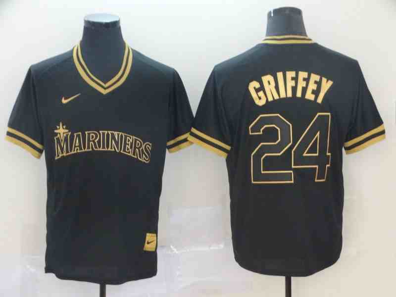 Mariners 24 Ken Griffey Jr. Black Gold Nike Cooperstown Collection Legend V Neck Jersey