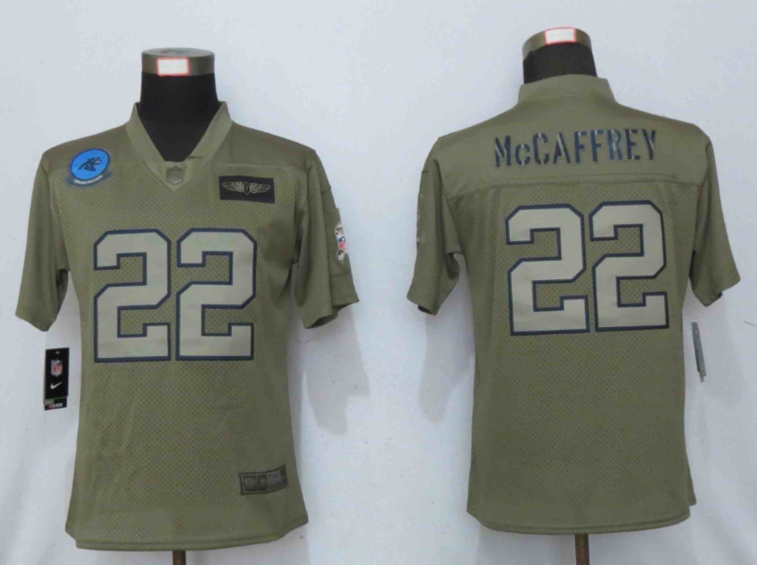 Women Nike Carolina Panthers 22 McCaffrey Nike Camo 2020 Salute to Service Elite Playe