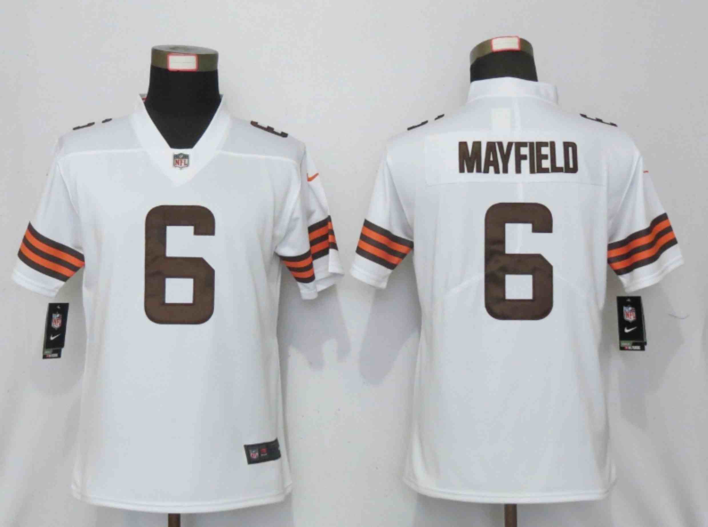 Women New Nike Cleveland Browns 6 Mayfield White Vapor  Elite Playe