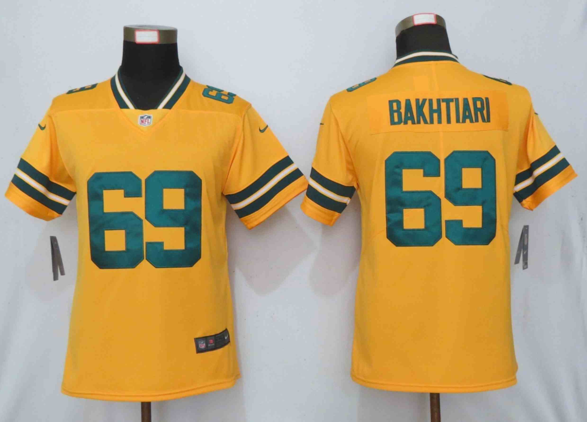 Women New Nike Green Bay Packers 69 Bakhtiari 2019 Vapor Untouchable Nike Gold Inverted Elite Playe