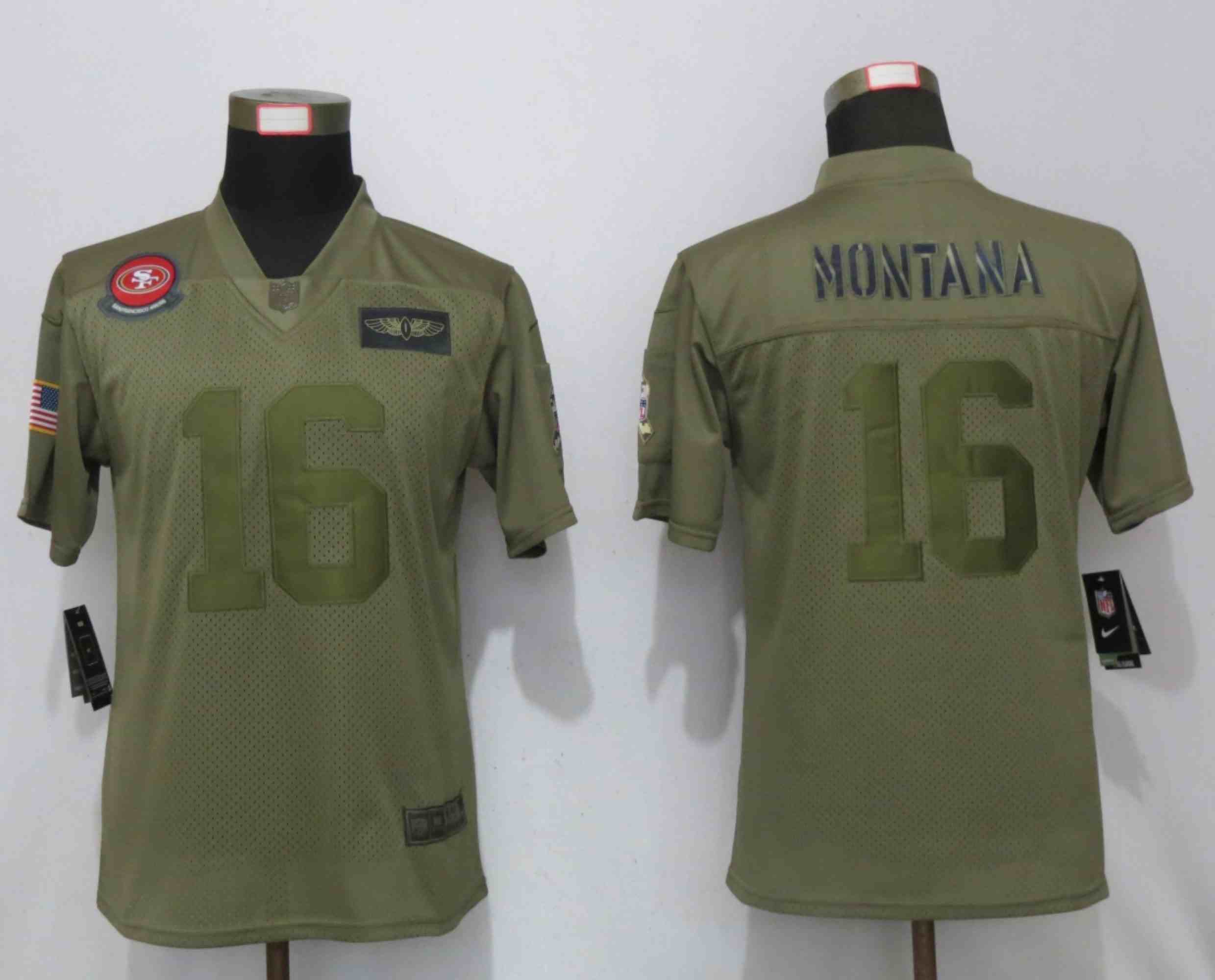 Women New Nike San Francisco 49ers 16 Montana Nike Camo 2019 Salute to Service Elite Playey