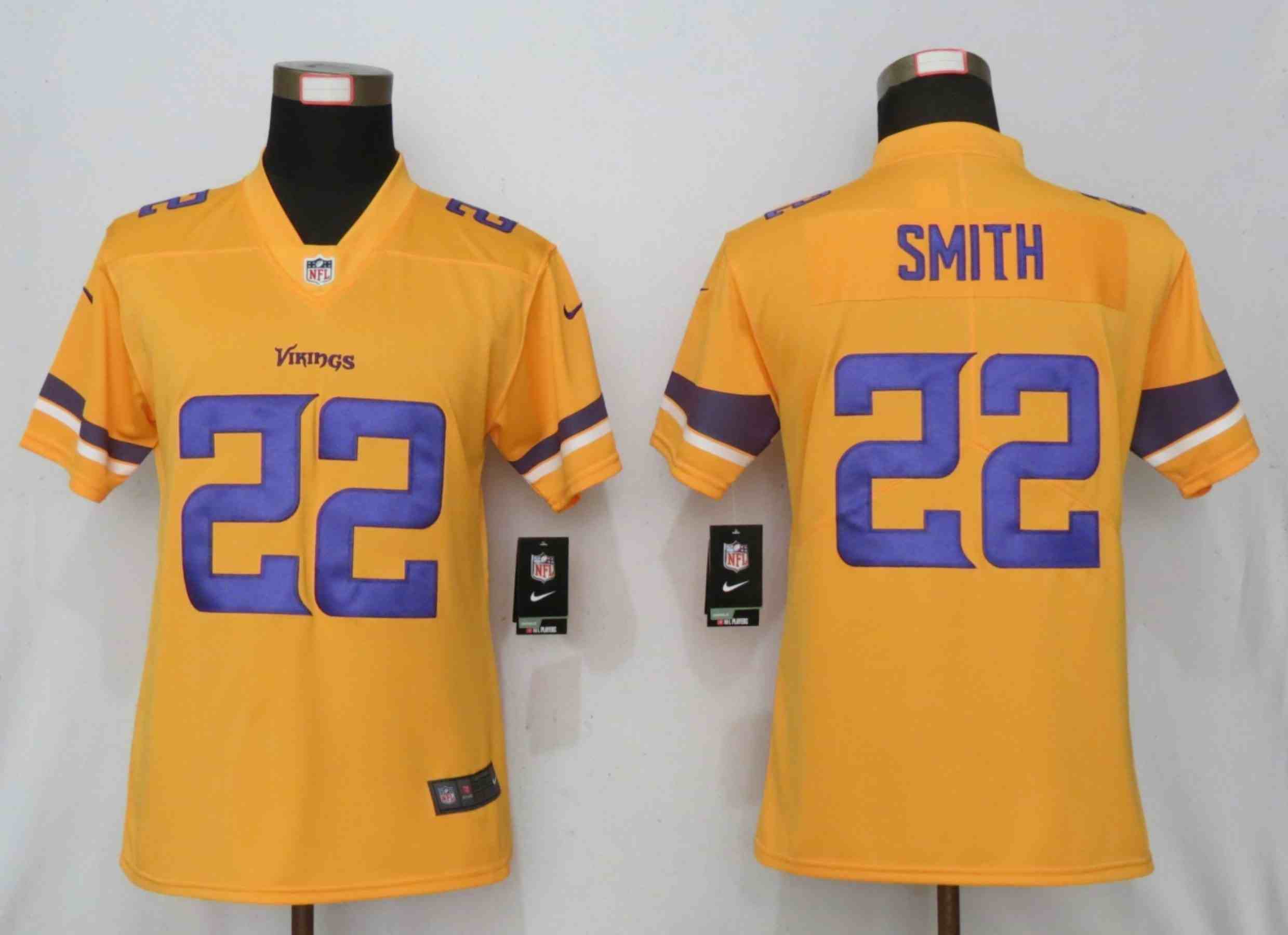 Women NEW Nike Minnesota Vikings 22 Smith 2019 Vapor Untouchable Nike Gold Inverted Elite Playe