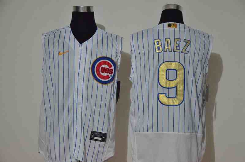Cubs 9  Javier Baez  White Gold Nike Cool Base Sleeveless Jersey