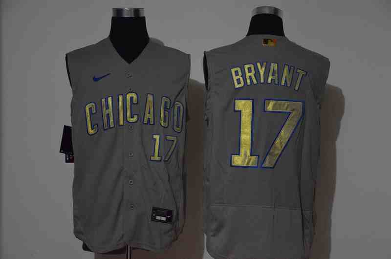 Cubs 17  Kris Bryant Gray Gold Nike Cool Base Sleeveless Jersey