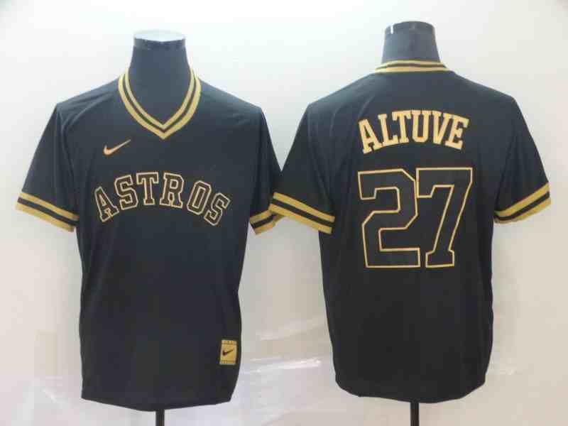 Astros 27 Jose Altuve Black Gold Nike Cooperstown Collection Legend V Neck Jersey