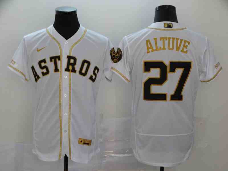 Astros 27 Jose Altuve White Retro gold character 2020 Nike Cool Base Jersey