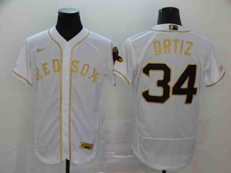 Boston Red Sox #34 David Ortiz White Retro gold character 2020 Nike Cool Base Jersey