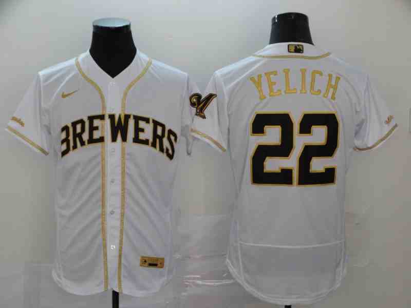Brewers 22 Christian Yelich White Retro gold character 2020 Nike Cool Base Jersey