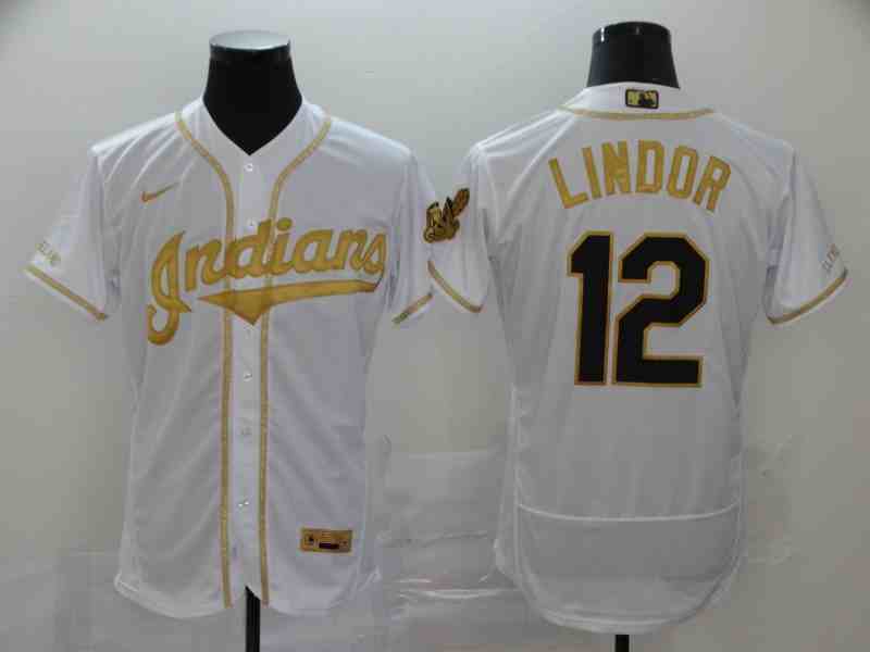 Indians 12 Francisco Lindor White Retro gold character 2020 Nike Cool Base Jersey