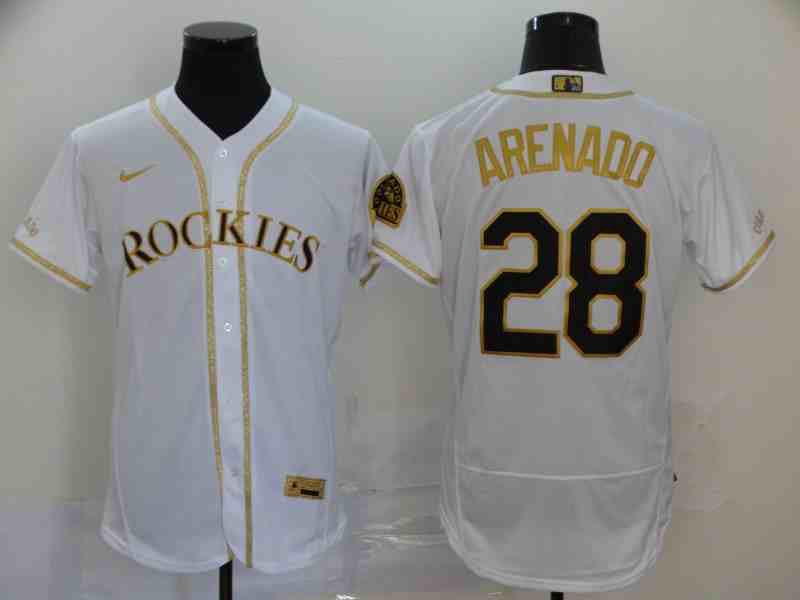 Rockies 28 Nolan Arenado White Retro gold character 2020 Nike Cool Base Jersey