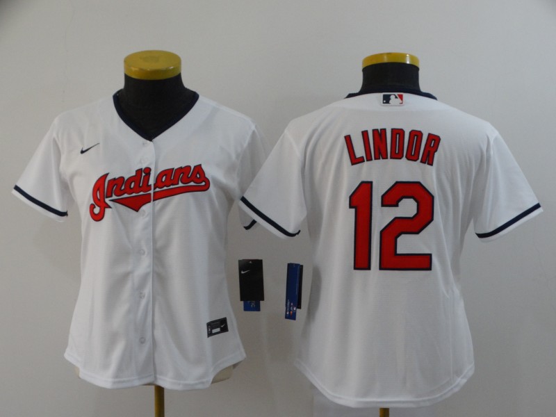 Indians 12 Francisco Lindor White Nike Women 2020 Cool Base Jersey