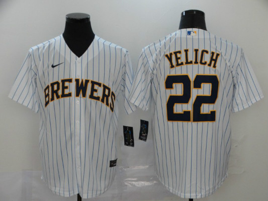 Brewers 22 Christian Yelich White Stripe Nike 2020 Cool Base Jersey