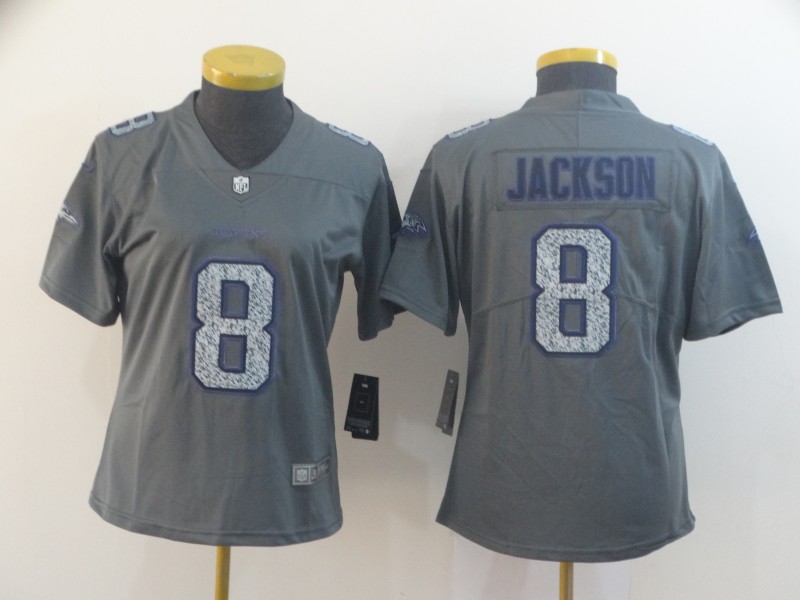 Nike Ravens 8 Lamar Jackson Gray Camo Women Vapor Untouchable Limited Jerseys