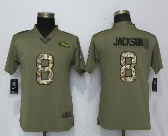 Nike Ravens 8 Lamar Jackson Olive Camo Women Salute To Service Limited Jersey
