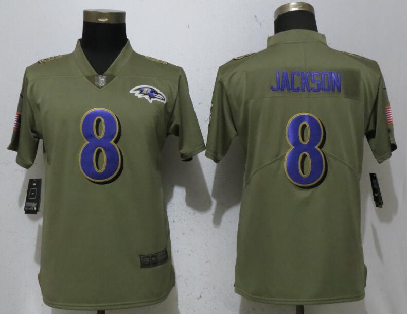 Nike Ravens 8 Lamar Jackson Olive Women Salute To Service Limited Jersey