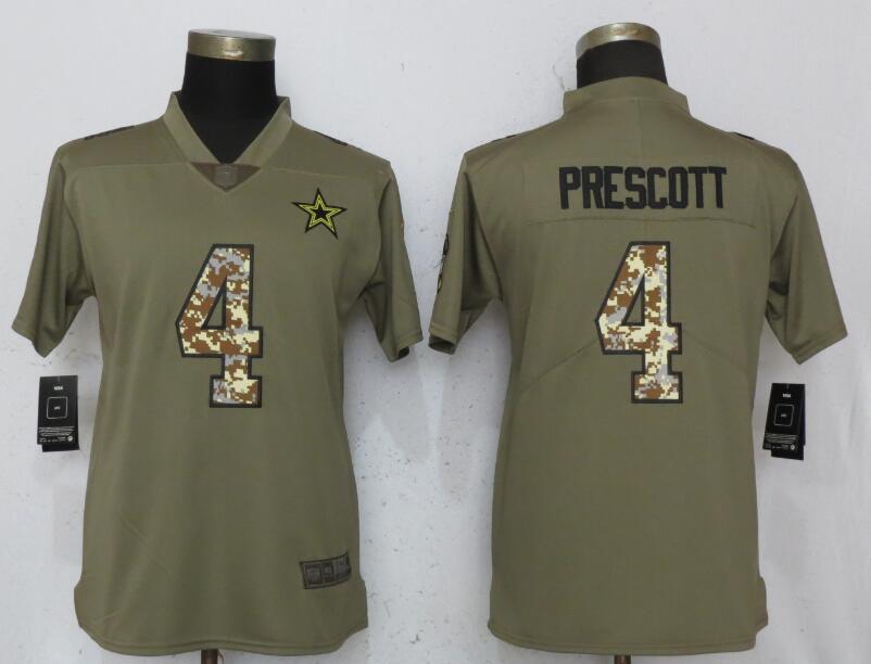 Nike Cowboys 4 Dak Prescott Olive Camo Women Salute To Service Limited Jersey
