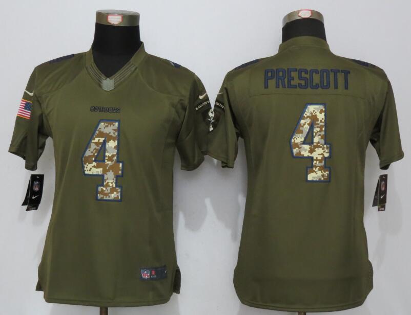 Nike Cowboys 4 Dak Prescott Green Salute To Service Women Limited Jersey