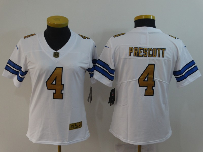 Nike Cowboys 4 Dak Prescott White Women Gold Vapor Untouchable Limited Jersey