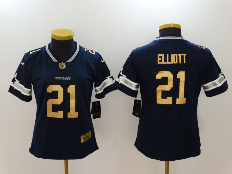 Nike Cowboys 21 Ezekiel Elliott Navy Gold Color Rush Women Limited Jersey