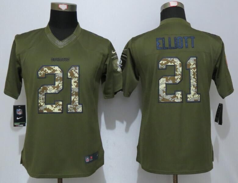 Nike Cowboys 21 Ezekiel Elliott Green Salute To Service Women Limited Jersey