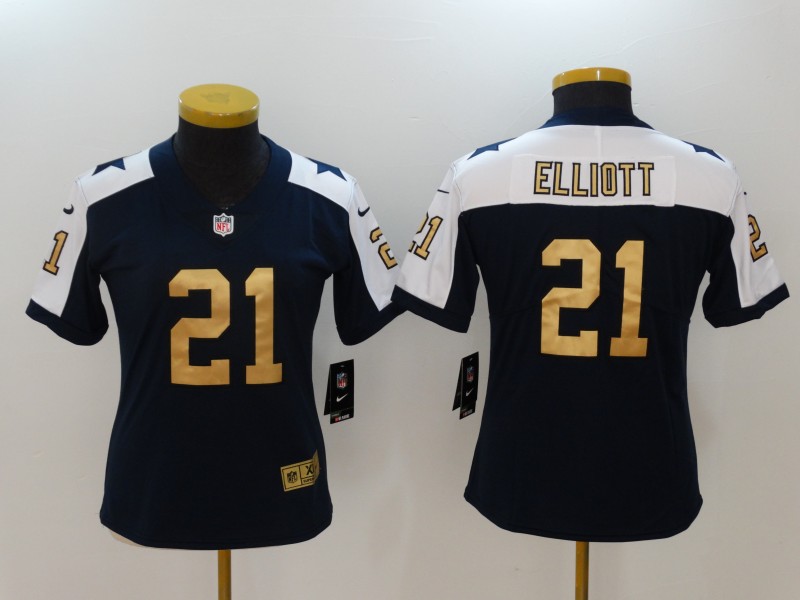 Nike Cowboys 21 Ezekiel Elliott Navy Gold Throwback Women Color Rush Limited Jersey