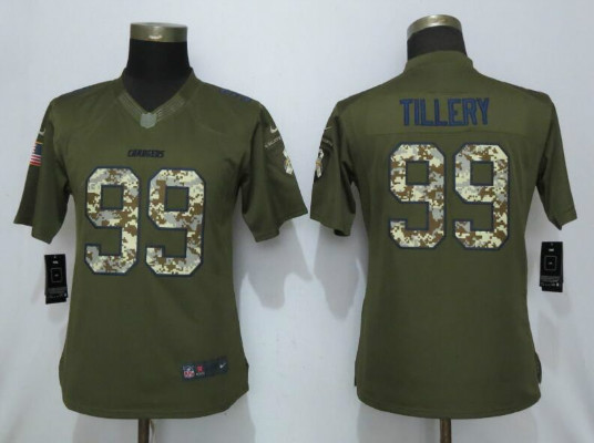 Nike Chargers 99 Jerry Tillery Olive Camo Women Salute To Service Limited Jersey