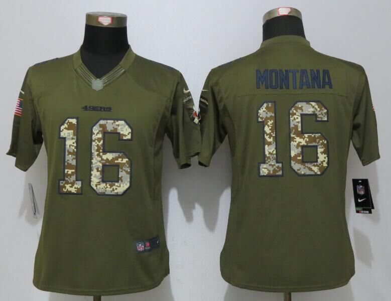 Nike 49ers 16 Joe Montana Green Salute To Service Women Limited Jersey