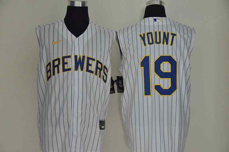 Brewers 19 Robin Yount White Gold Nike Cool Base Sleeveless Jersey