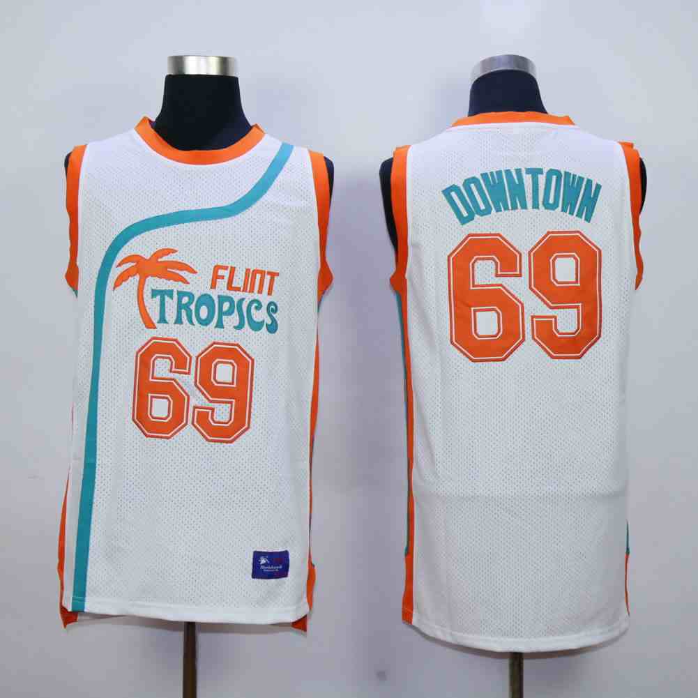Flint Tropics 69 Downtown White Semi Pro Movie Stitched Basketball Jersey