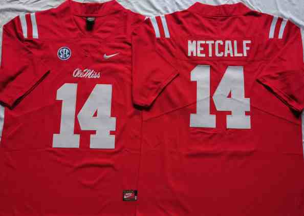 Mens NCAA Ole Miss Rebels Red #14 METCALF 2021 Jersey